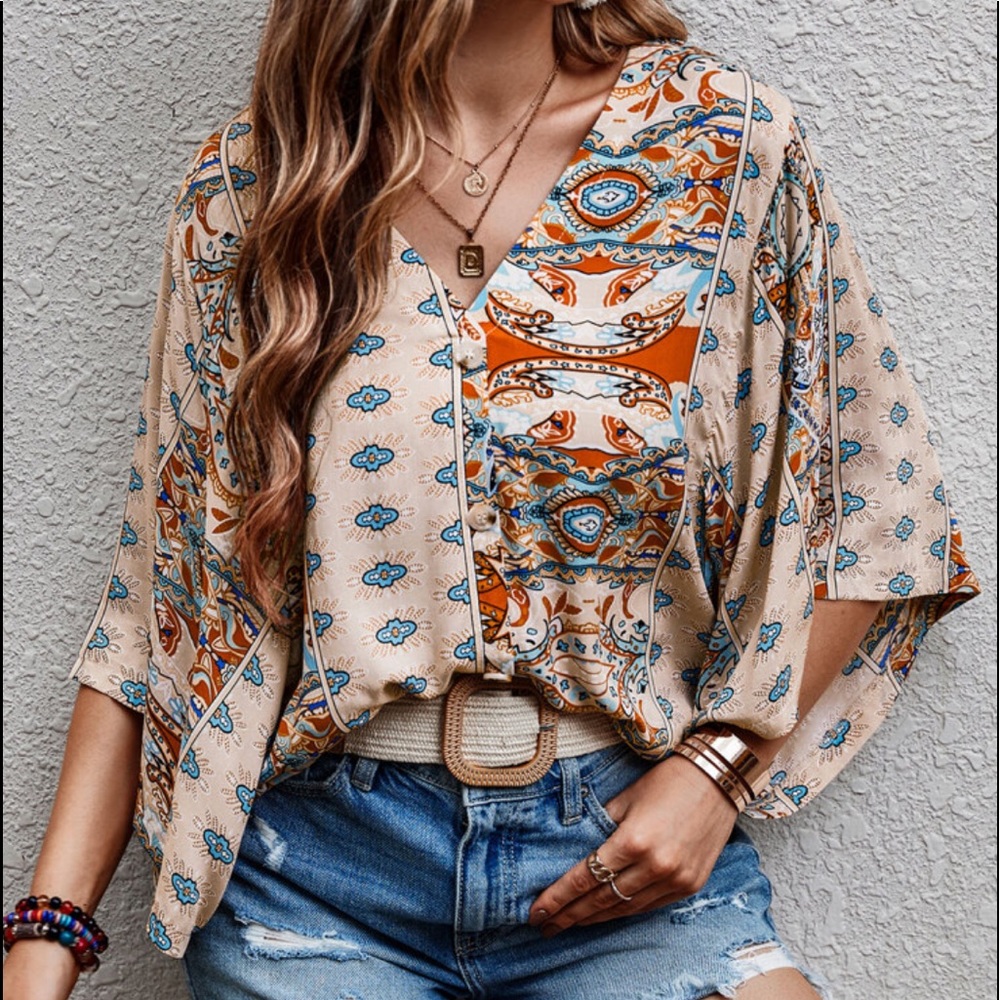 Boho paisley Print Batwing Top Blouse - Picture 1 of 7